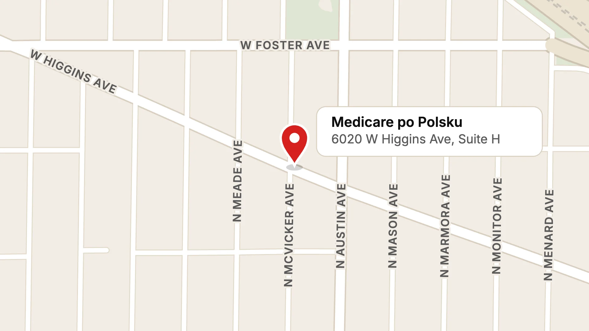 Mapa okolicy biura przy 6020 W Higgins Ave w Jefferson Park, między McVicker Avenue a Austin Avenue.