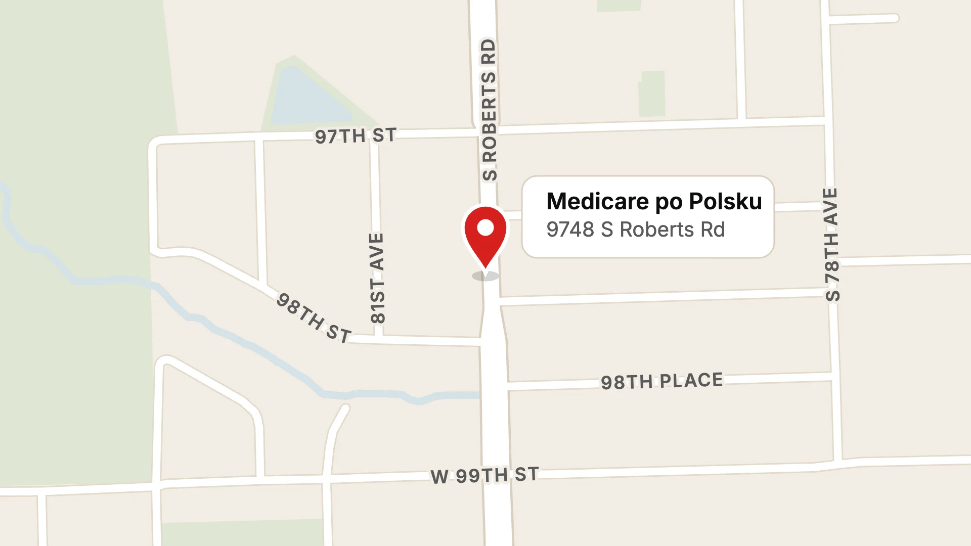 Mapa okolicy biura przy 9748 S Roberts Rd w Palos Hills, między 97th Place a 98th Street.