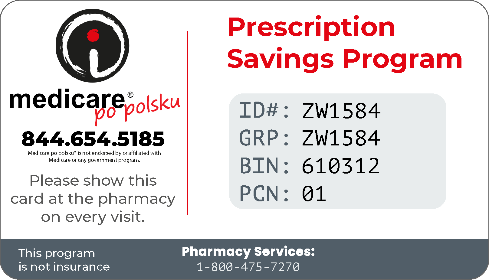 Karta zniżkowa na leki na receptę z numerami ID, Group, BIN i PCN oraz napisem „This program is not insurance”.