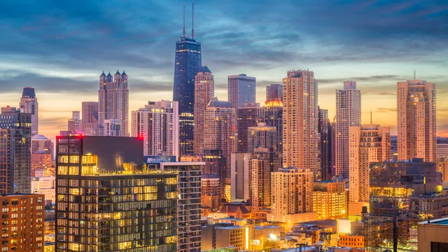 Panorama Chicago, Illinois, wieżowce o zmierzchu